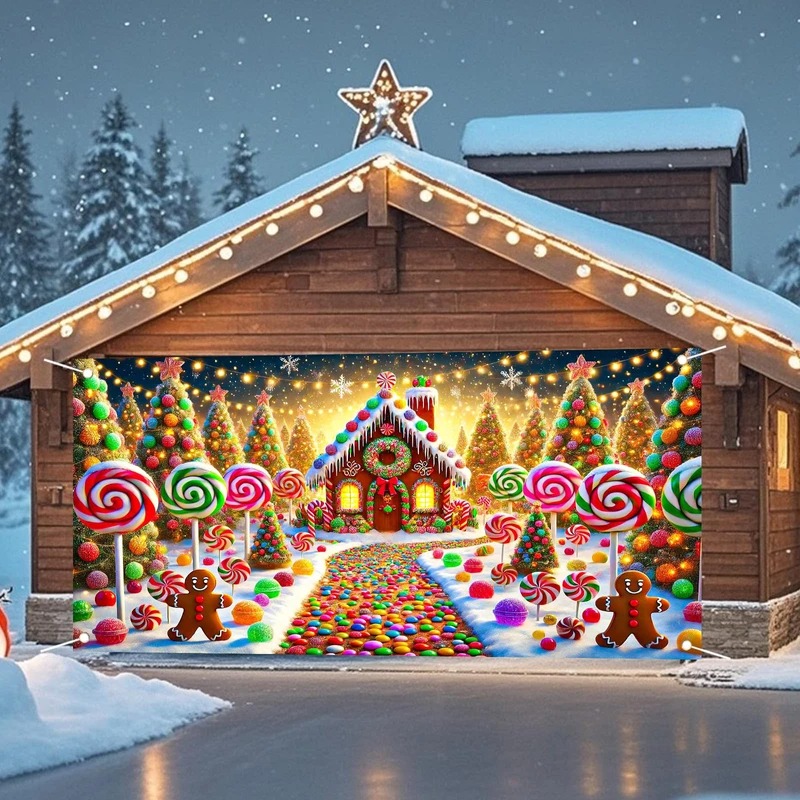 Candy Town Christmas Garage Door Cover Xmas Eve Outside Home Decor Candy Lovers Gifts