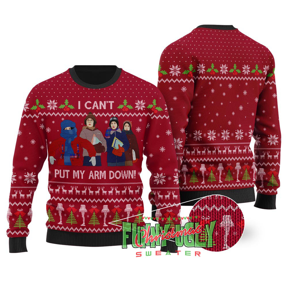 Cant Put My Arm Down A Christmas Story Sweater Cardinal Red Funny Xmas Sweater for Ugly Sweater Parties