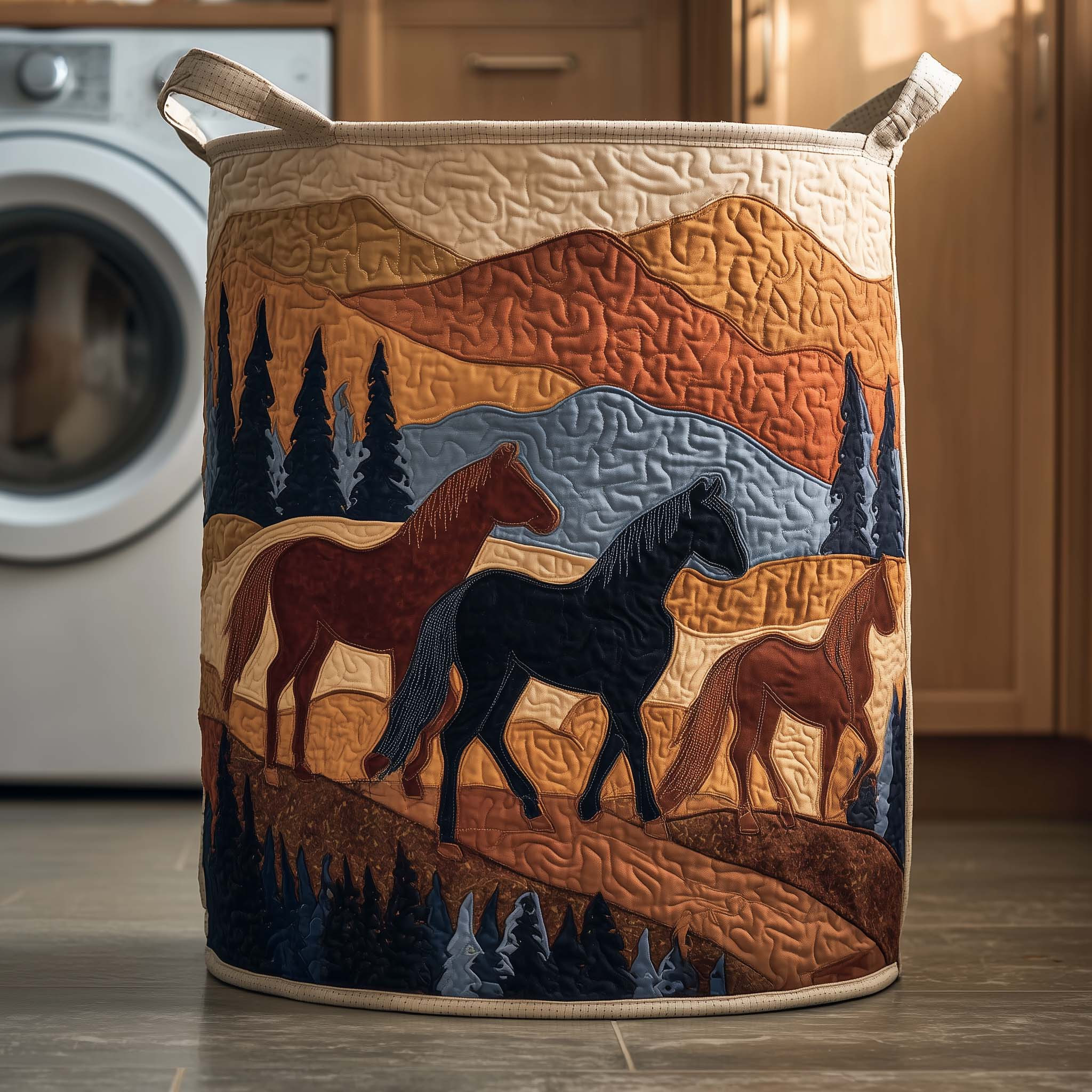 Canyon Riders Quilted Laundry Basket Animal Themed Premium Home Decor Horse Lover Gifts