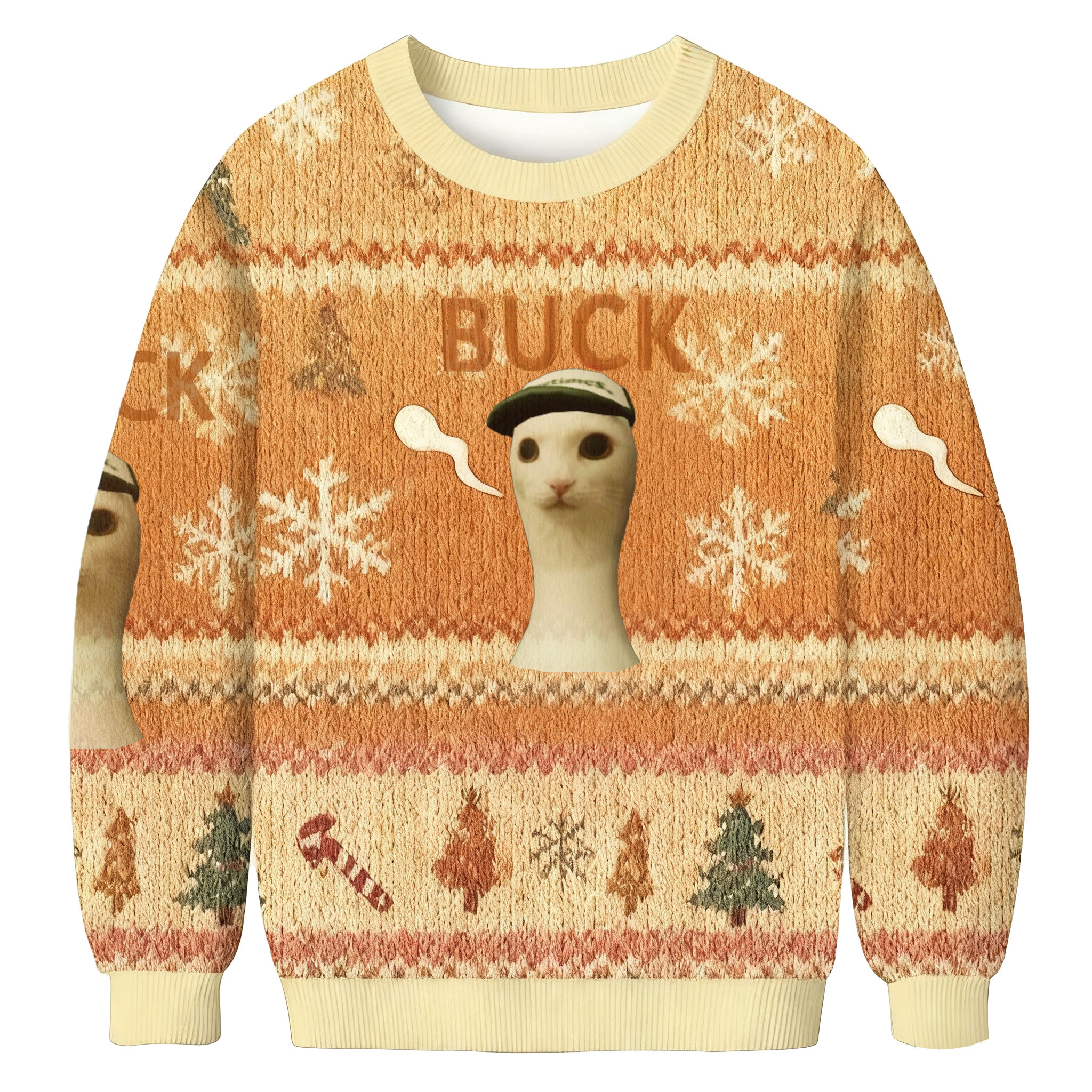 Cap Wearing Cat Buck Meme Christmas Ugly Sweater Adult Humor Christmas Sweater