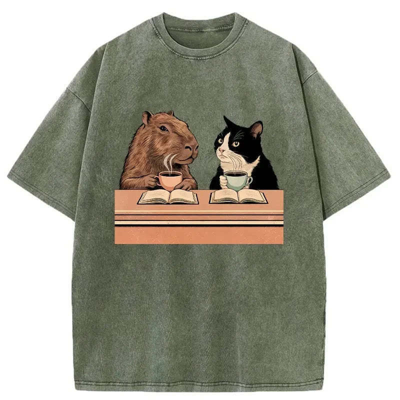 Capybara And Cat Talk Washed T-Shirt Soft Cotton Daily Wear Tee Gifts For Her