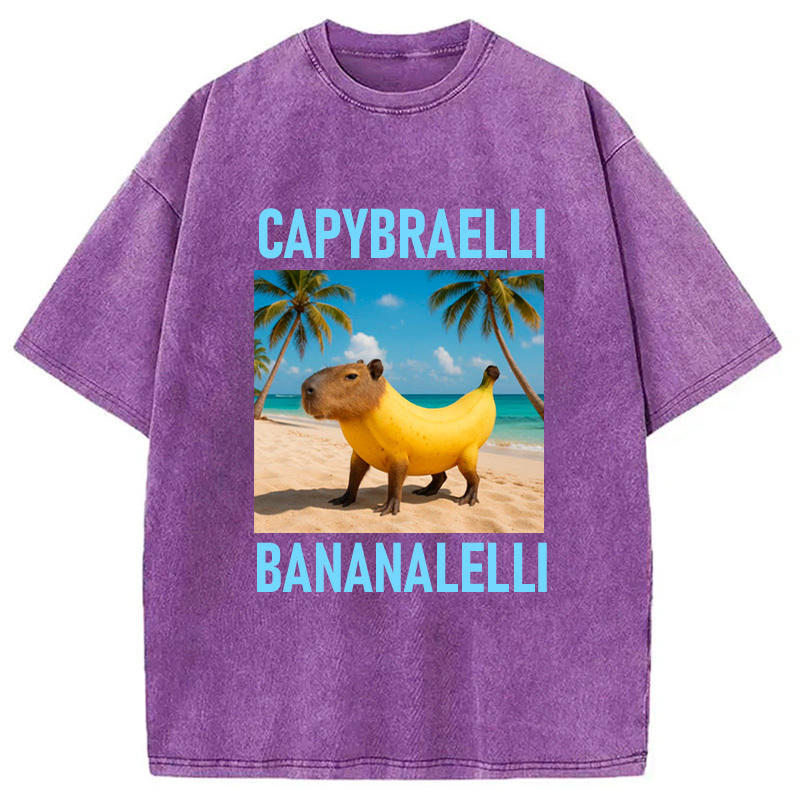 Capybara Banana Brainrot Washed T-Shirt Classic Graphic Fashion Tee Gifts For Besties