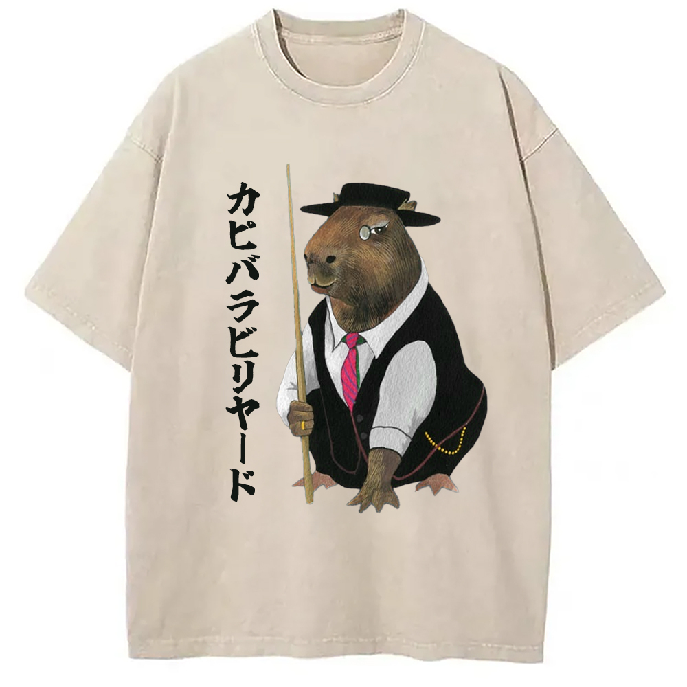 Capybara Billiards Player Washed T-Shirt Cool Urban Street Style Shirt Gifts For BFF