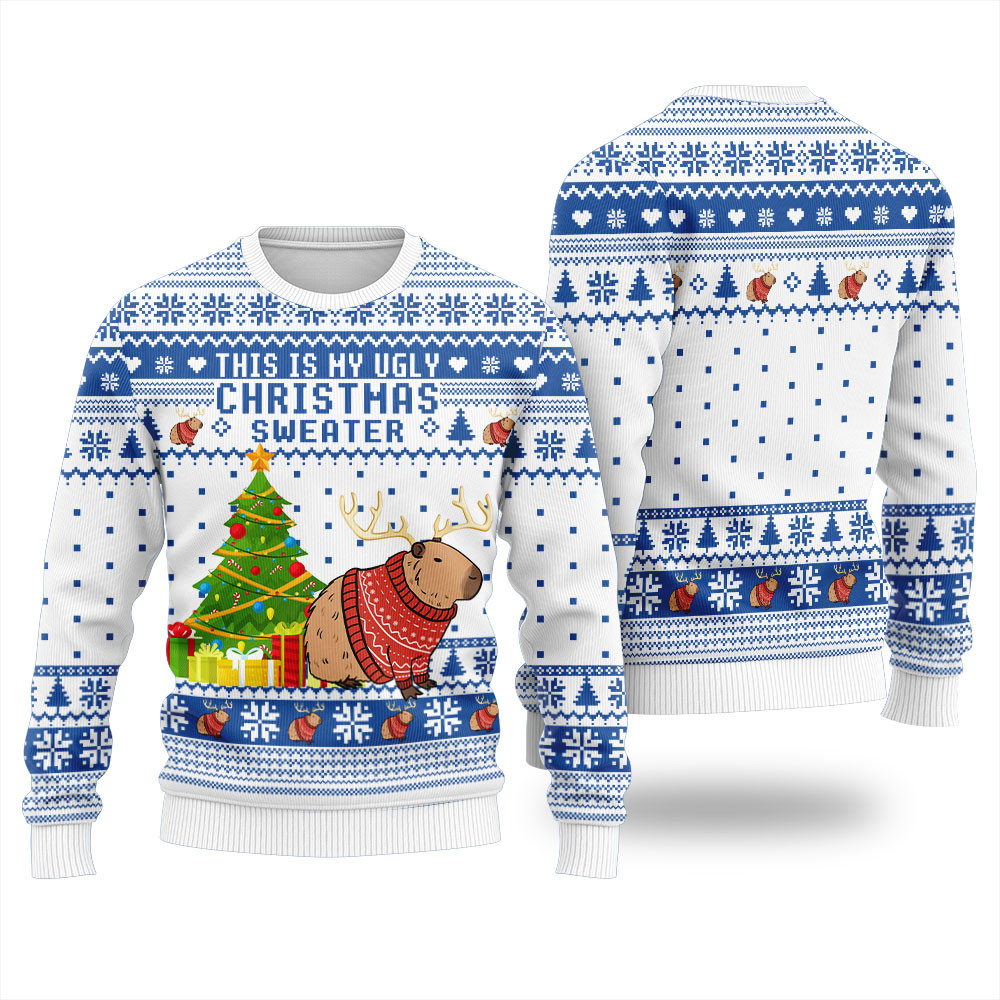 Capybara Christmas Tree Christmas Sweater Men Funny Holiday Sweater for Family Gatherings
