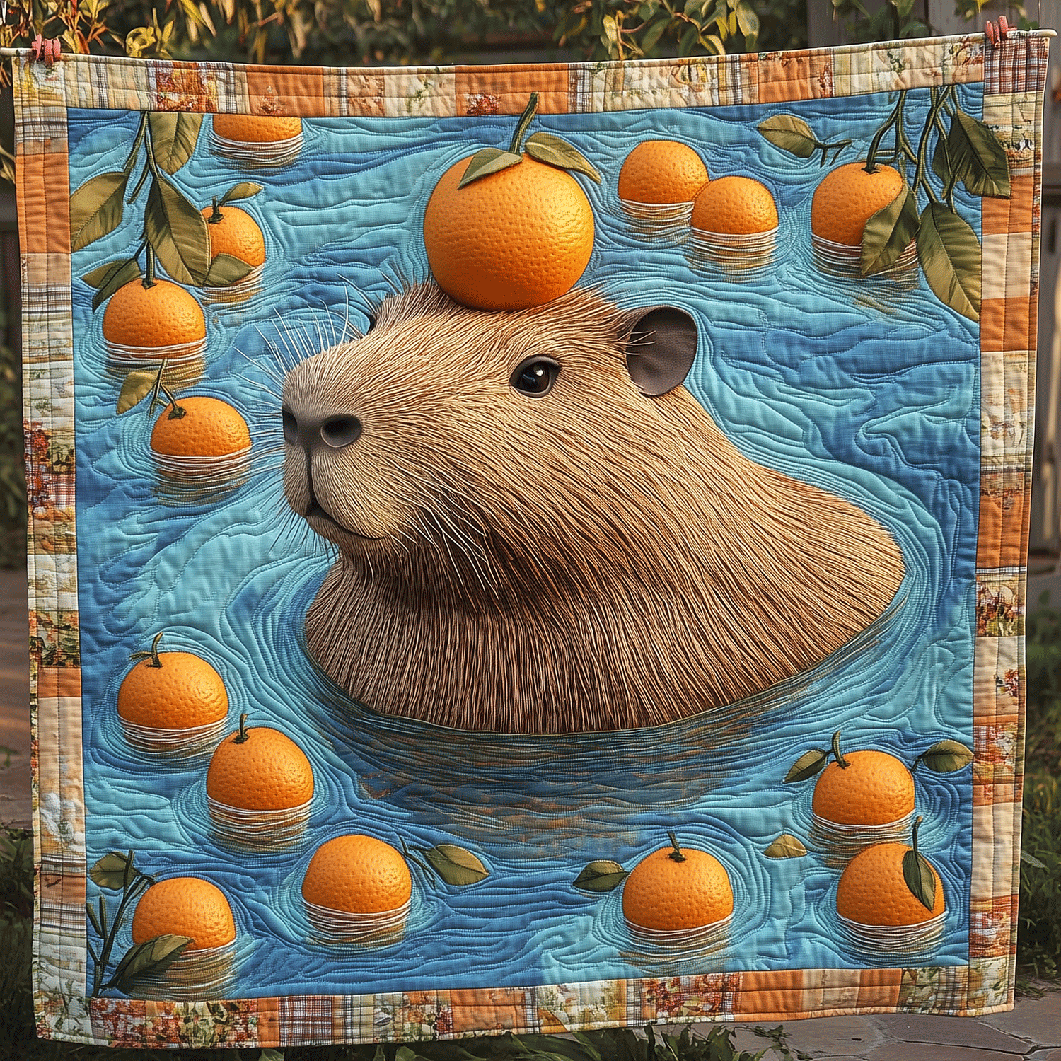 Capybara Citrus Vibes Quilted Blanket Xmas Holiday Capybara Gifts Items