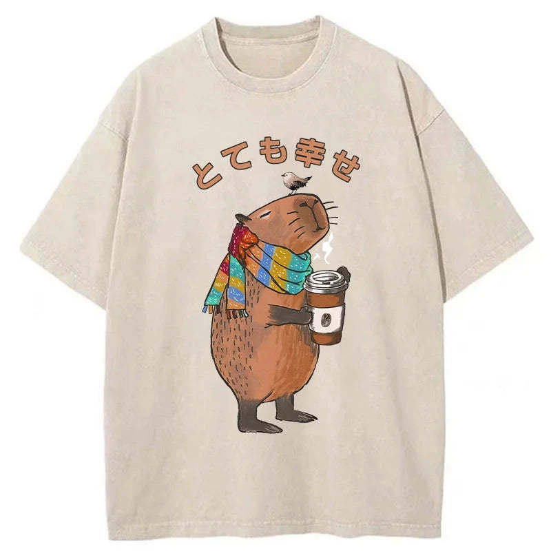 Capybara Drinking Coffee Washed T-Shirt Soft Cotton Daily Wear Tee Gifts For Him