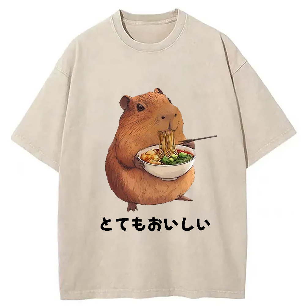 Capybara Eating Japanese Ramen Washed T-Shirt Cool Graphic Tee For Men Women Gifts For Besties