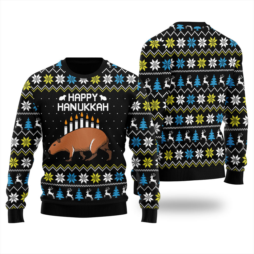 Capybara Happy Hanukkah Ugly Christmas Sweater For Women Classic Holiday Sweater for Festive Looks
