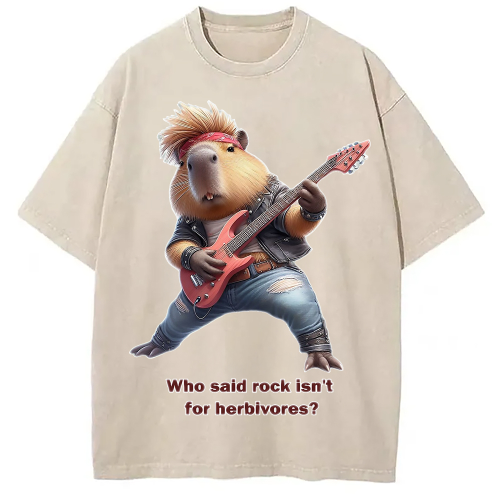 Capybara - Hard Rock Star Washed T-Shirt Soft Cotton Daily Wear Tee Gifts For Friends