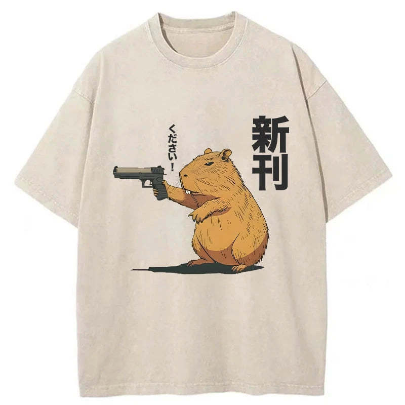 Capybara Holding A Gun Washed T-Shirt Cool Urban Street Style Shirt Gifts For Her