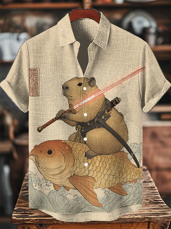 Capybara Holds A Laser Sword Carp Japanese Art Hawaiian Shirt Gifts For Capybara Lovers