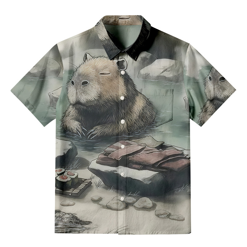 Capybara In Hot Springs Button Up Shirt Animal Themed Shirt Gifts For Capybara Lovers