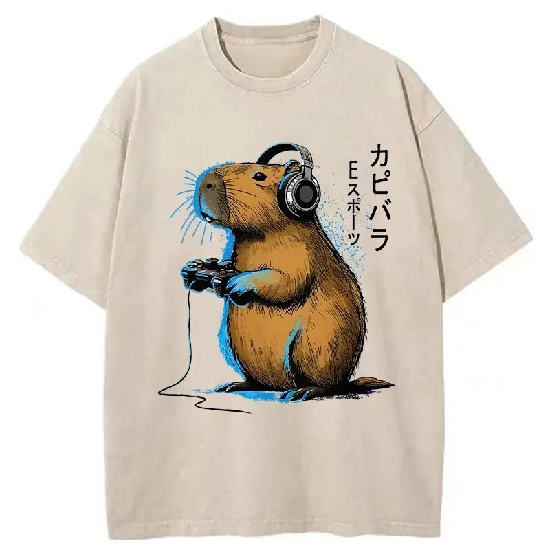 Capybara Playing E-sports Washed T-Shirt Unisex Streetwear Graphic Style Gifts For Her