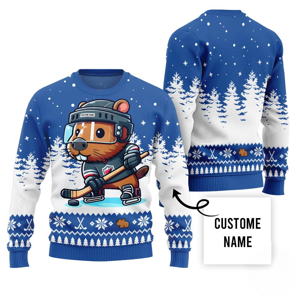 Capybara Playing Hockey Custom Name Ugly Christmas Sweater Xmas Sweaters For Women