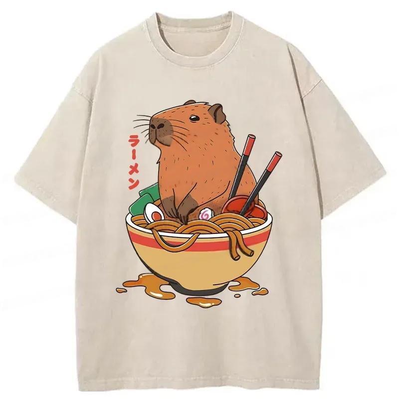 Capybara Ramen Funny Washed T-Shirt Soft Comfortable Daily T Shirt Gifts For Brother