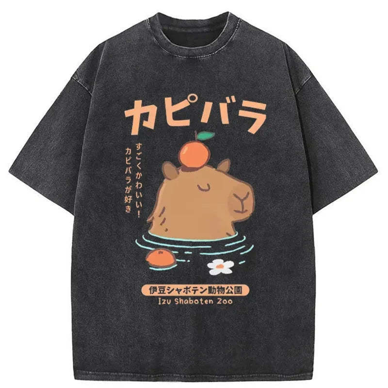Capybara Soaking In Hot Springs Washed T-Shirt Retro Humor Graphic Top Gifts For Besties