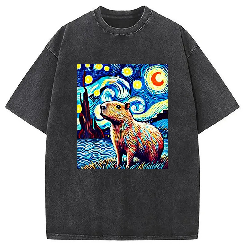Capybara Starry Night Light Washed T-Shirt Trendy Aesthetic Graphic Apparel Gifts For BFF
