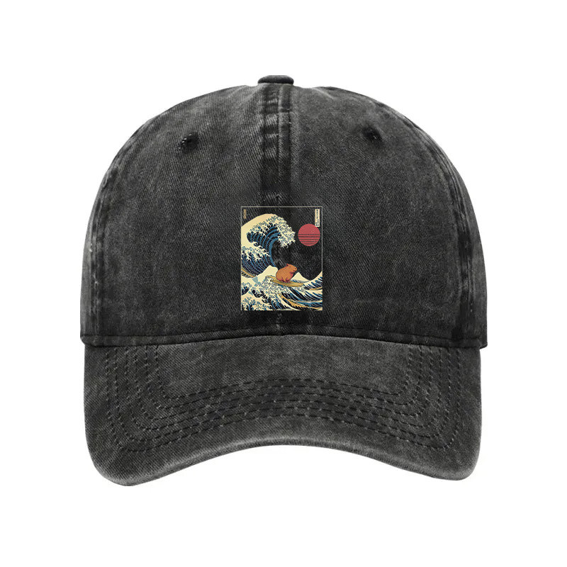 Capybara Surfing Washed Hat The Great Wave Baseball Cap Unique Gifts For Capybara Lovers