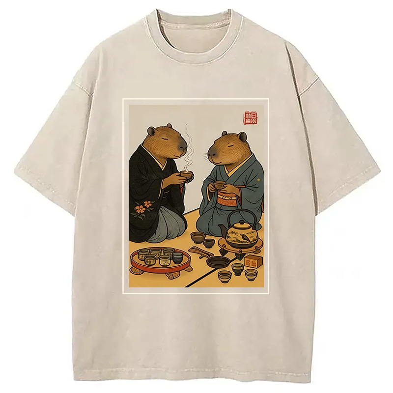 Capybara Tea Ceremony Washed T-Shirt Everyday Comfort Graphic Shirt Gifts For BFF