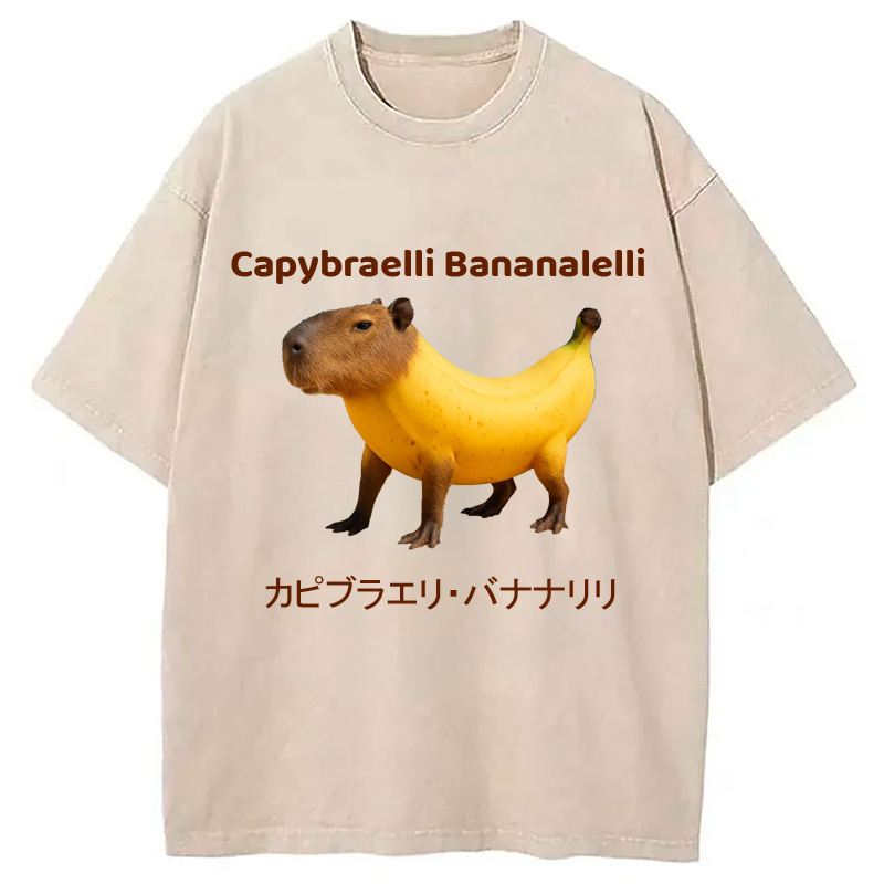 Capybraelli Bananalelli Washed T-Shirt Cool Urban Street Style Shirt Gifts For Sister