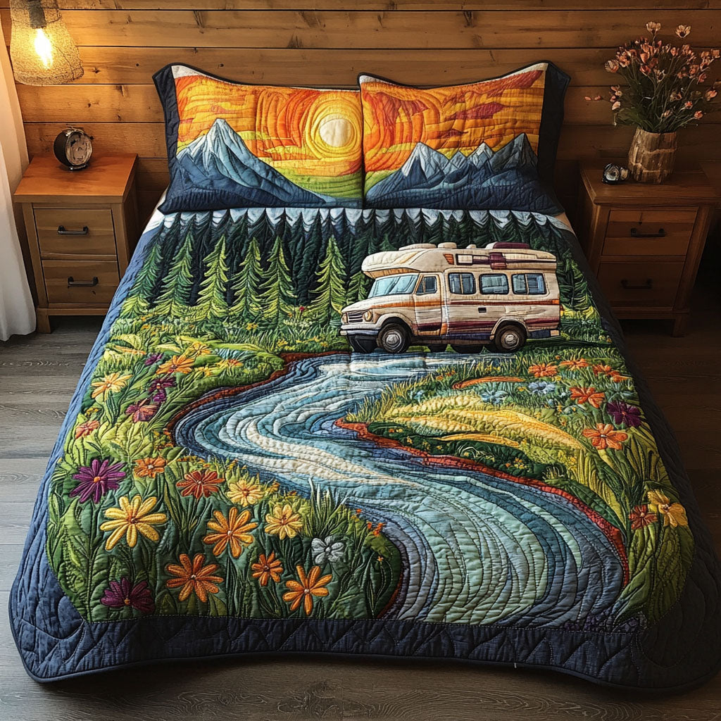 Caravanning Bliss Quilted Bedding Set Holiday Duvet Cover Set Birthday Gift For Hippie Friend