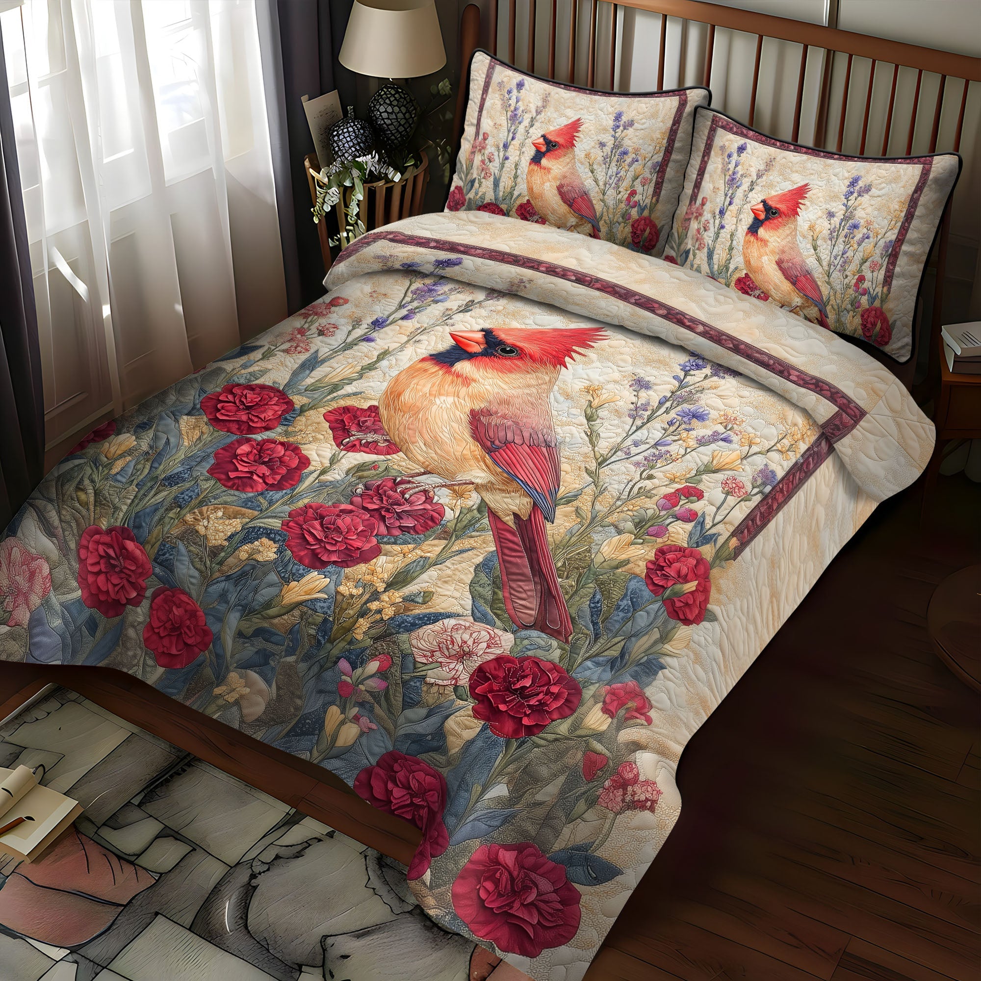 Cardinal and Carnations Quilted Bedding Set Cozy Bedroom Decor Unique Cardinal Gifts