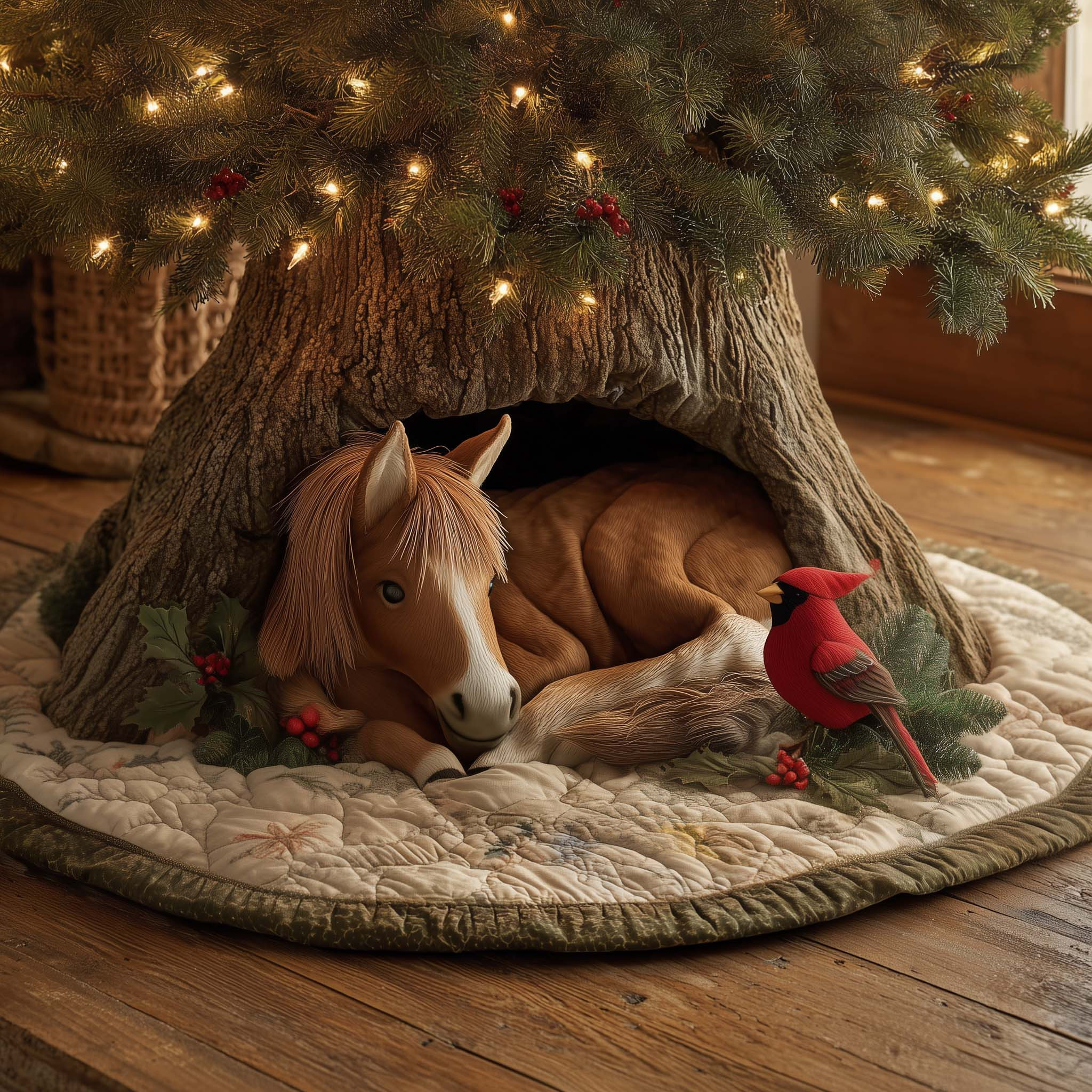 Cardinal And Horse Winter Whispers Quilted Tree Skirt Xmas Home Decor Christmas Present Ideas