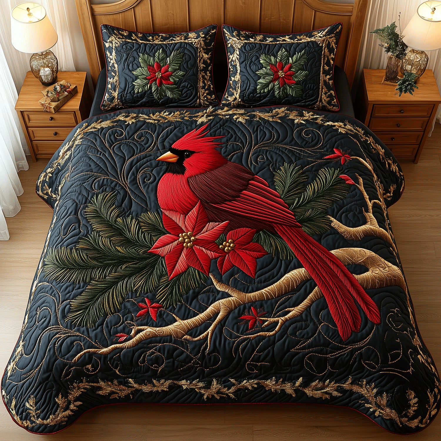 Cardinal Beauty Quilted Bedding Set King Size Bed Set Gifts For Father's Day From Daughter