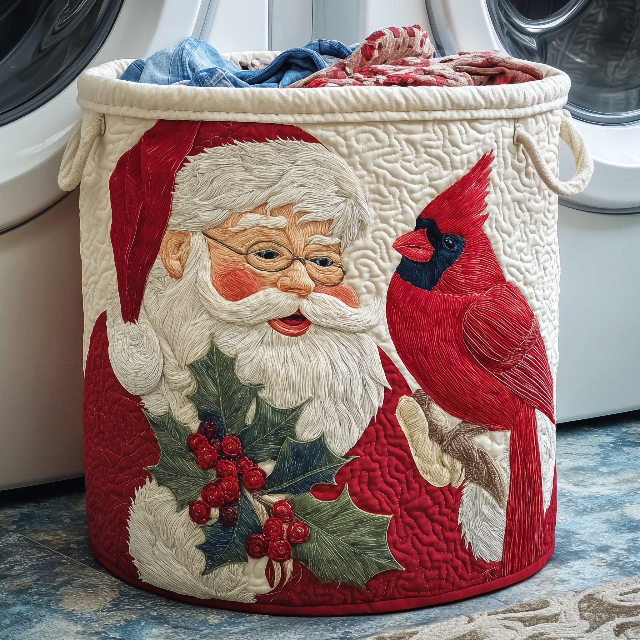 Cardinal Berries Quilted Laundry Basket Ideal Gift For Mom