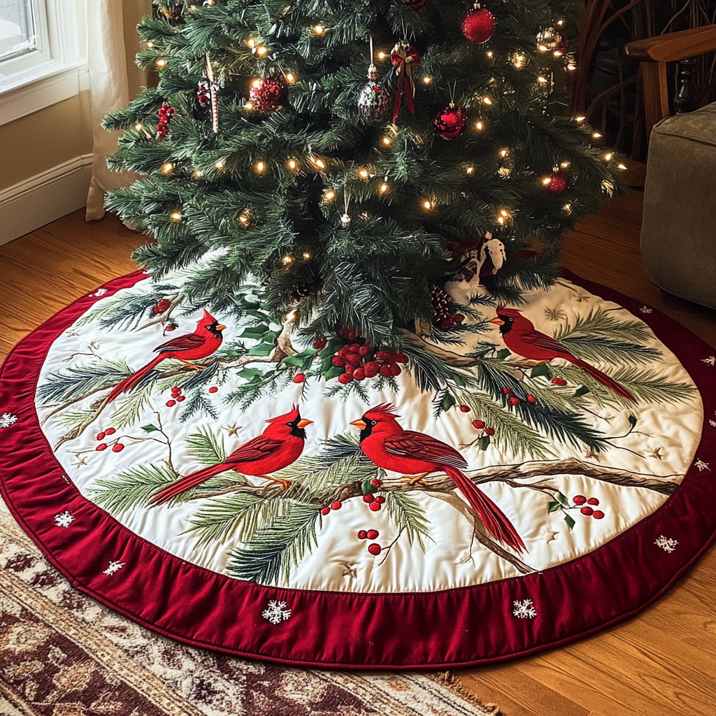 Cardinal Berry Christmas Quilted Tree Skirt Family Holiday Gathering Decor