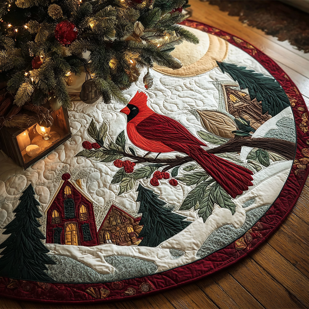 Cardinal Bloom Christmas Quilted Tree Skirt Xmas Tree Bottom Cover Cardinal Bird Gifts
