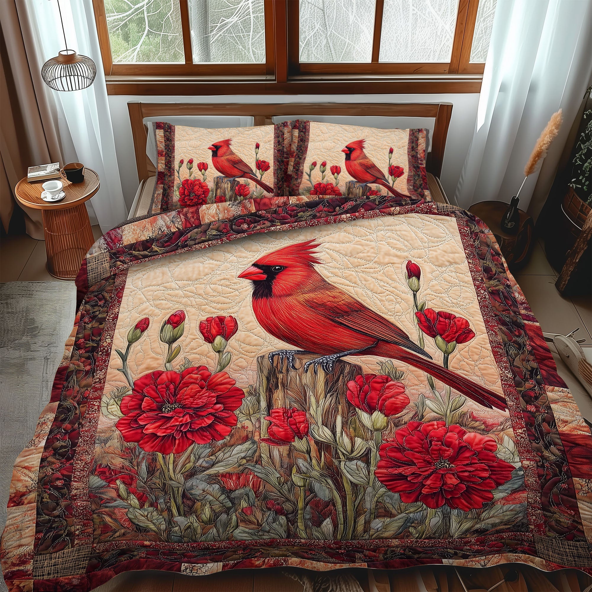 Cardinal Bloom Quilted Bedding Set Bedroom Decor Red Cardinal Gift Items