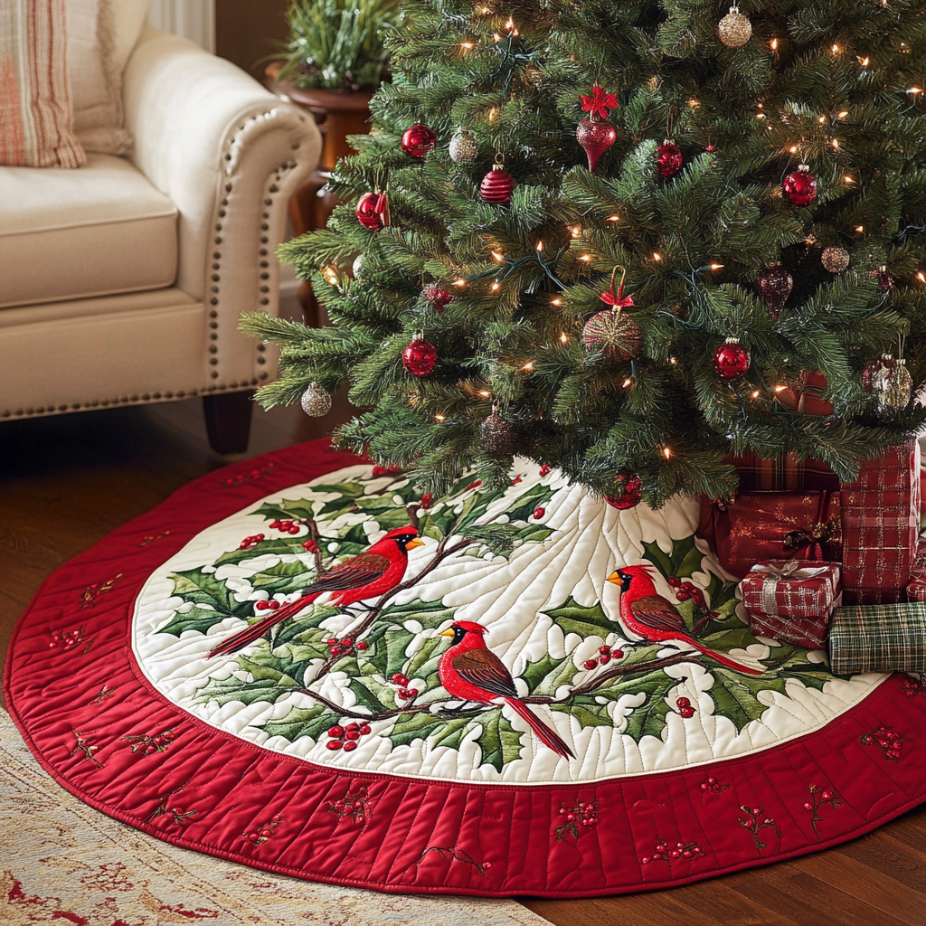 Cardinal Branch Cheer Christmas Quilted Tree Skirt Xmas Tree Base Cover Unique Christmas Gifts For Family