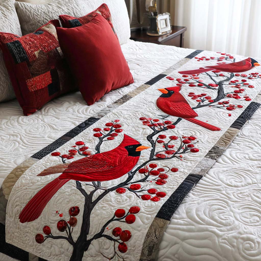 Cardinal Branches Quilted Bed Runner Christmas Holiday Decor Xmas Gifts For Mother In Law