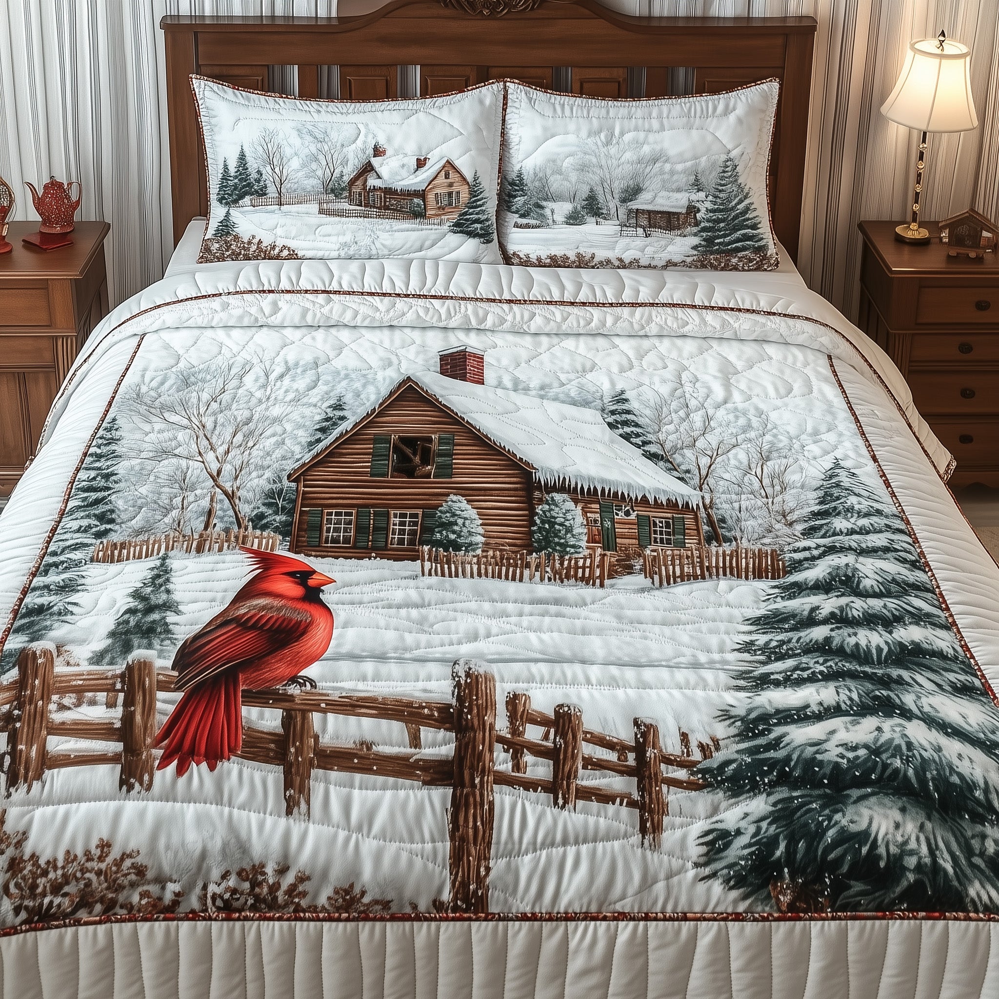 Cardinal Cabin Christmas Quilted Bedding Set Duvet Cover Bedspread Chritmas Theme Cute Gifts For Dad