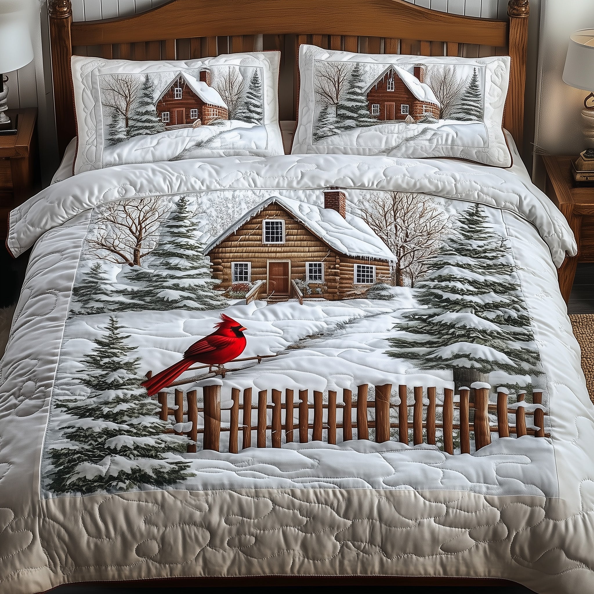 Cardinal Cabin Christmas Quilted Bedding Set Duvet Cover Bedspread Chritmas Theme Cute Gifts For Mom