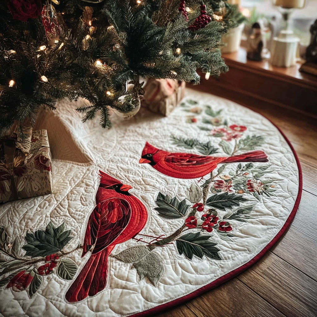 Cardinal Charm Christmas Quilted Tree Skirt Heartwarming Christmas Tree Skirt Gift for Loved Ones