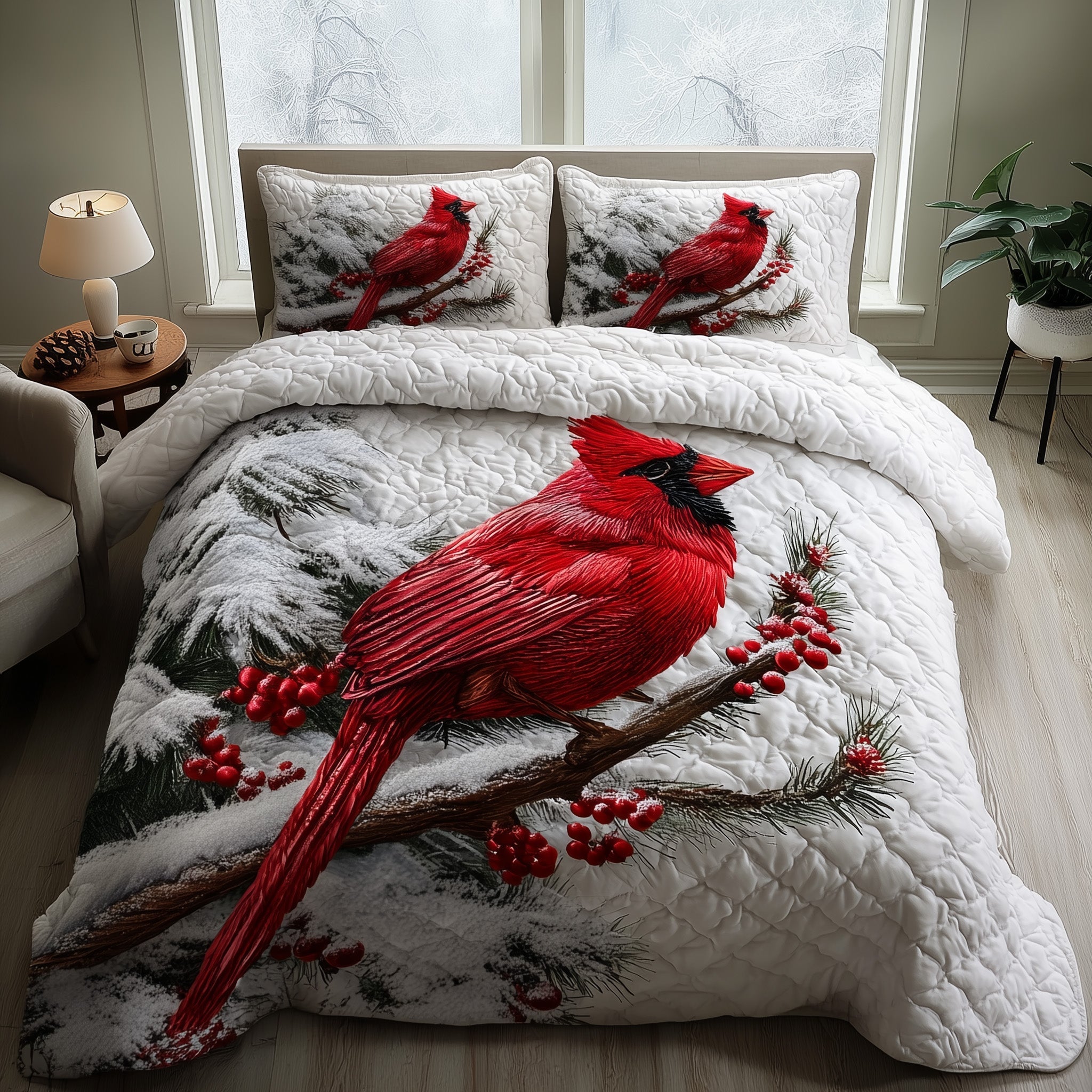 Cardinal Charm Quilted Bedding Set Anniversary Gift