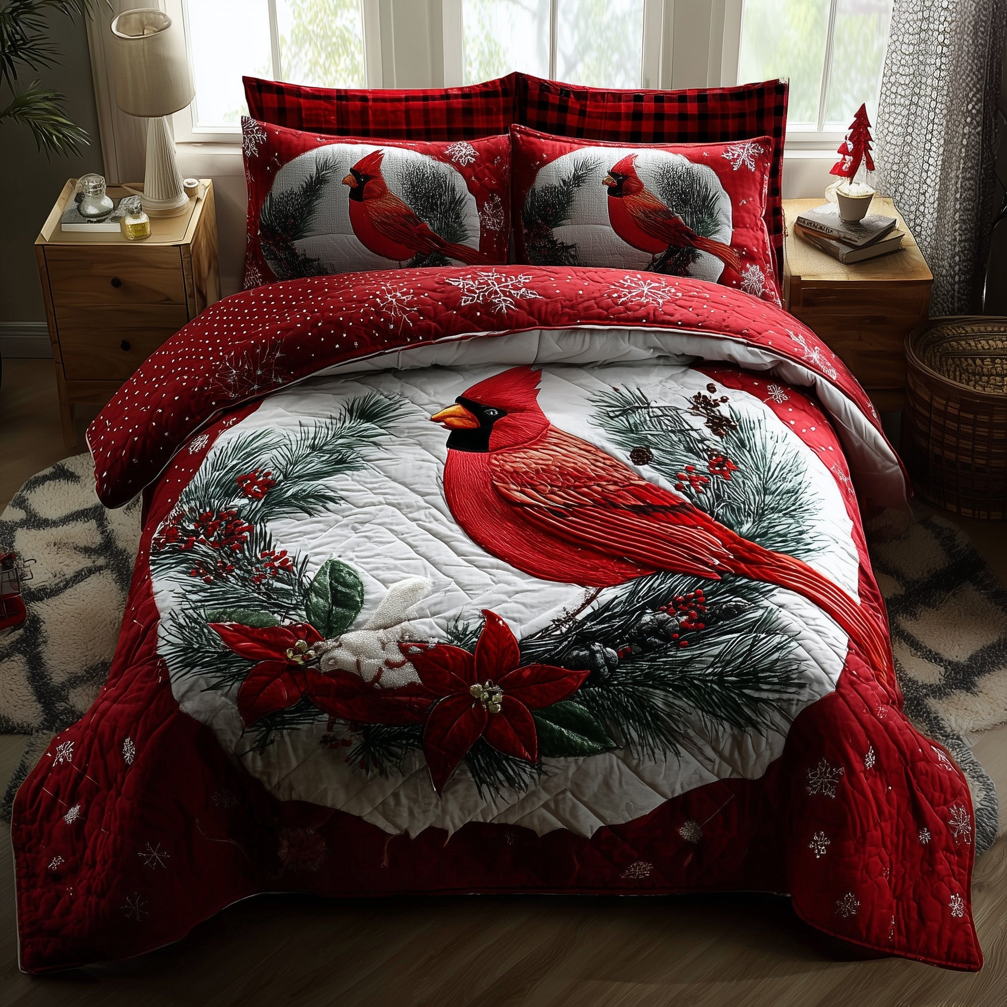 Cardinal Charm Quilted Bedding Set Cotton Sateen