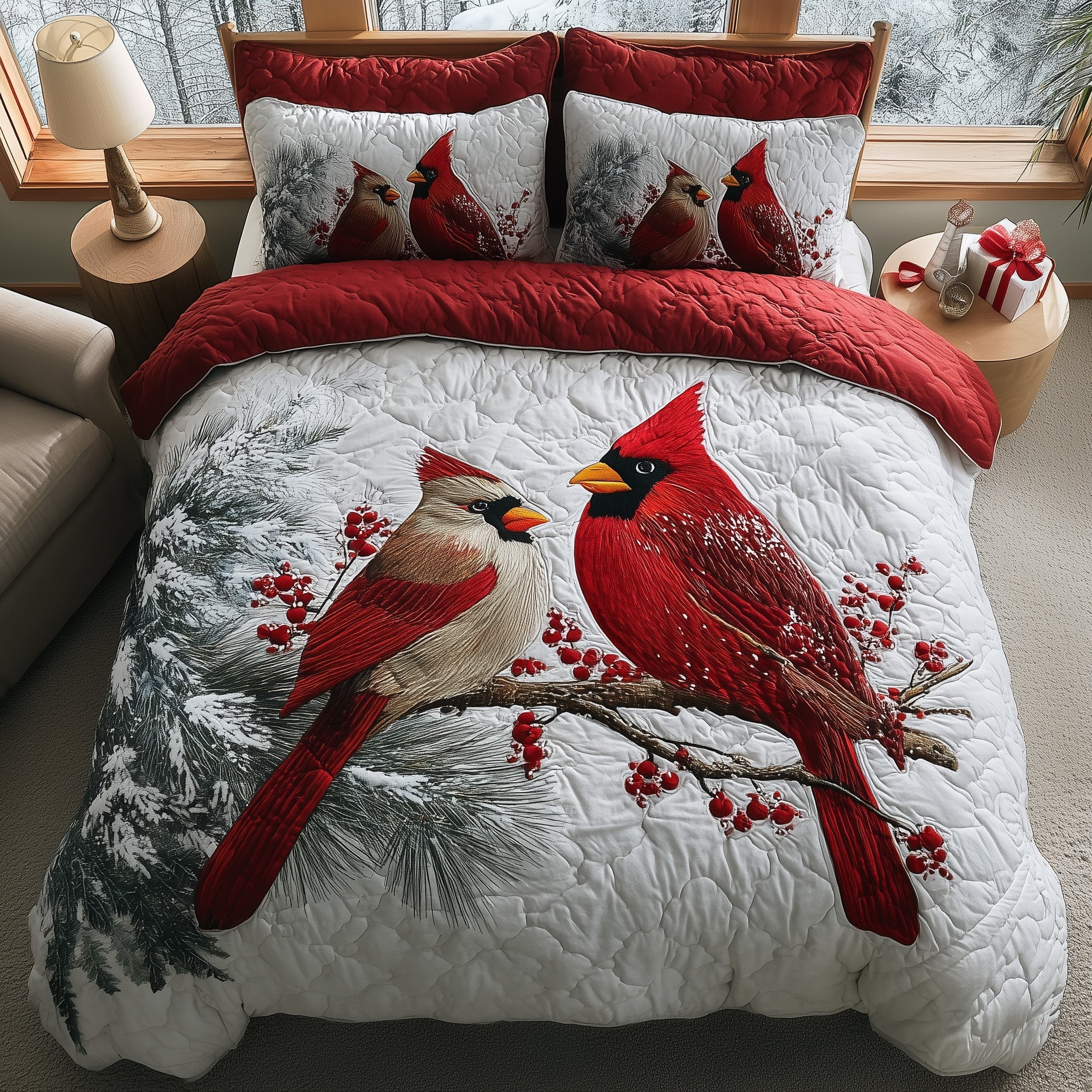 Cardinal Charm Quilted Bedding Set Holiday Gift