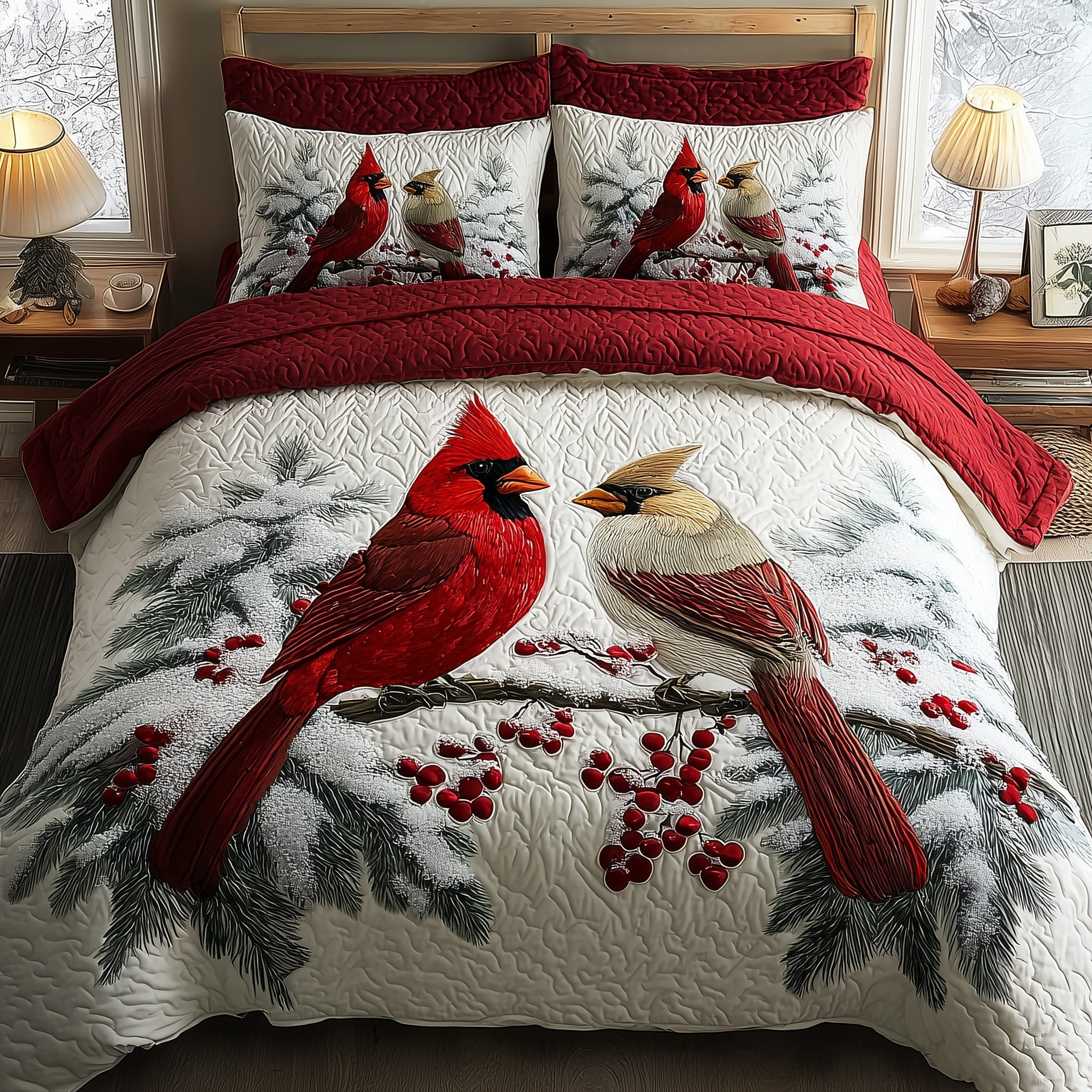 Cardinal Charm Quilted Bedding Set Housewarming Gift