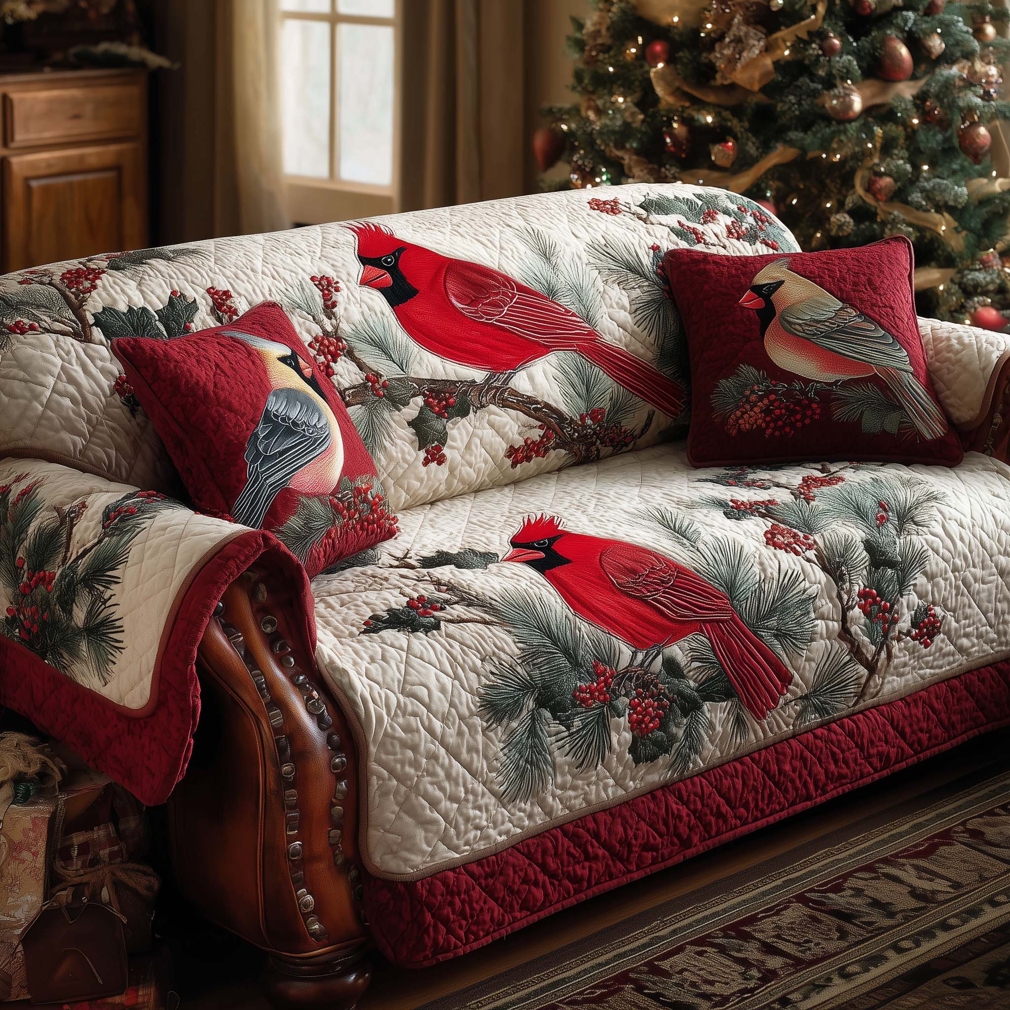 Cardinal Charm Quilted Sofa Cover Bright Red Bird Sofa Throw Red Cardinal Gifts For Mom