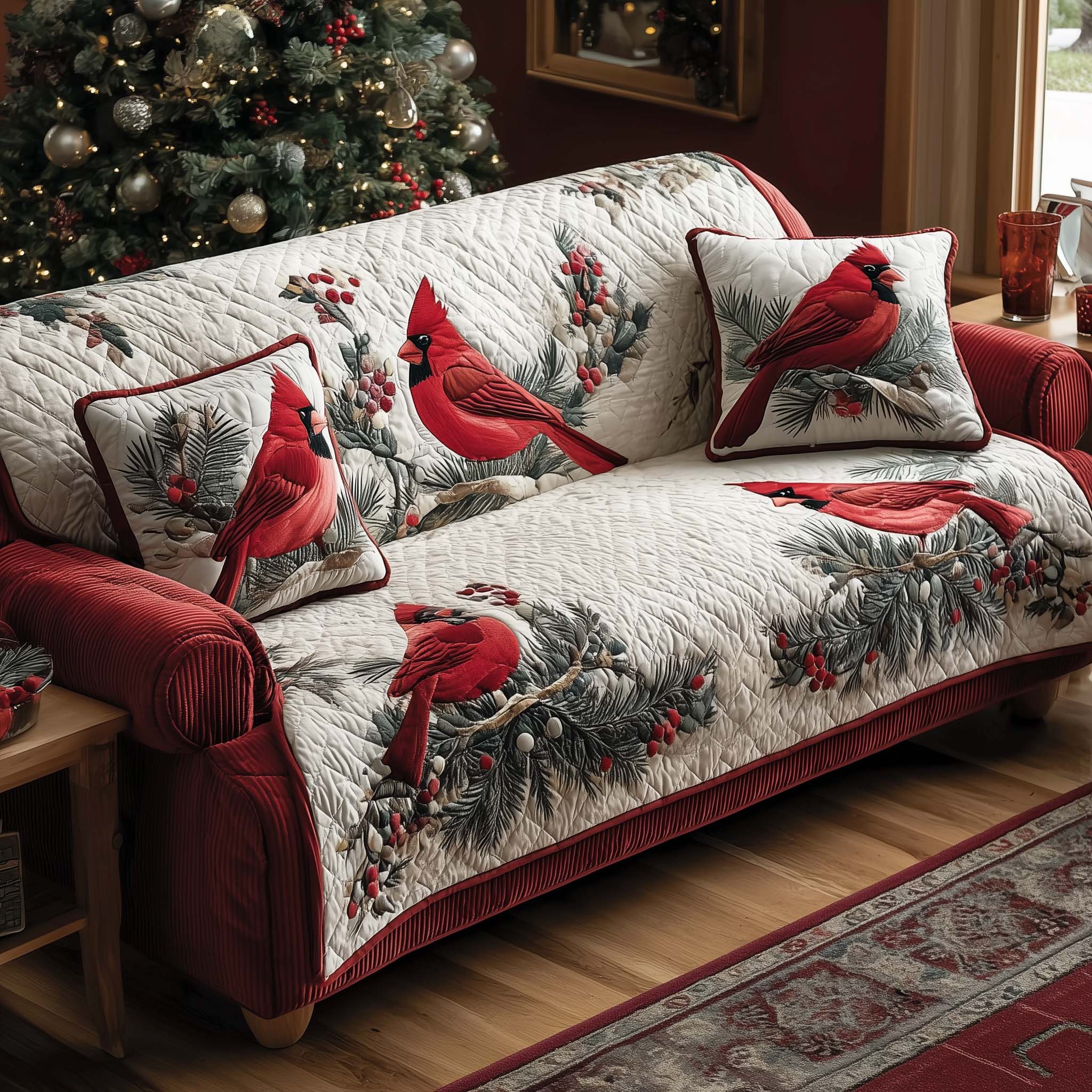 Cardinal Charm Quilted Sofa Cover Elegant Red Bird On Branch Accent Red Cardinal Gifts For Mom