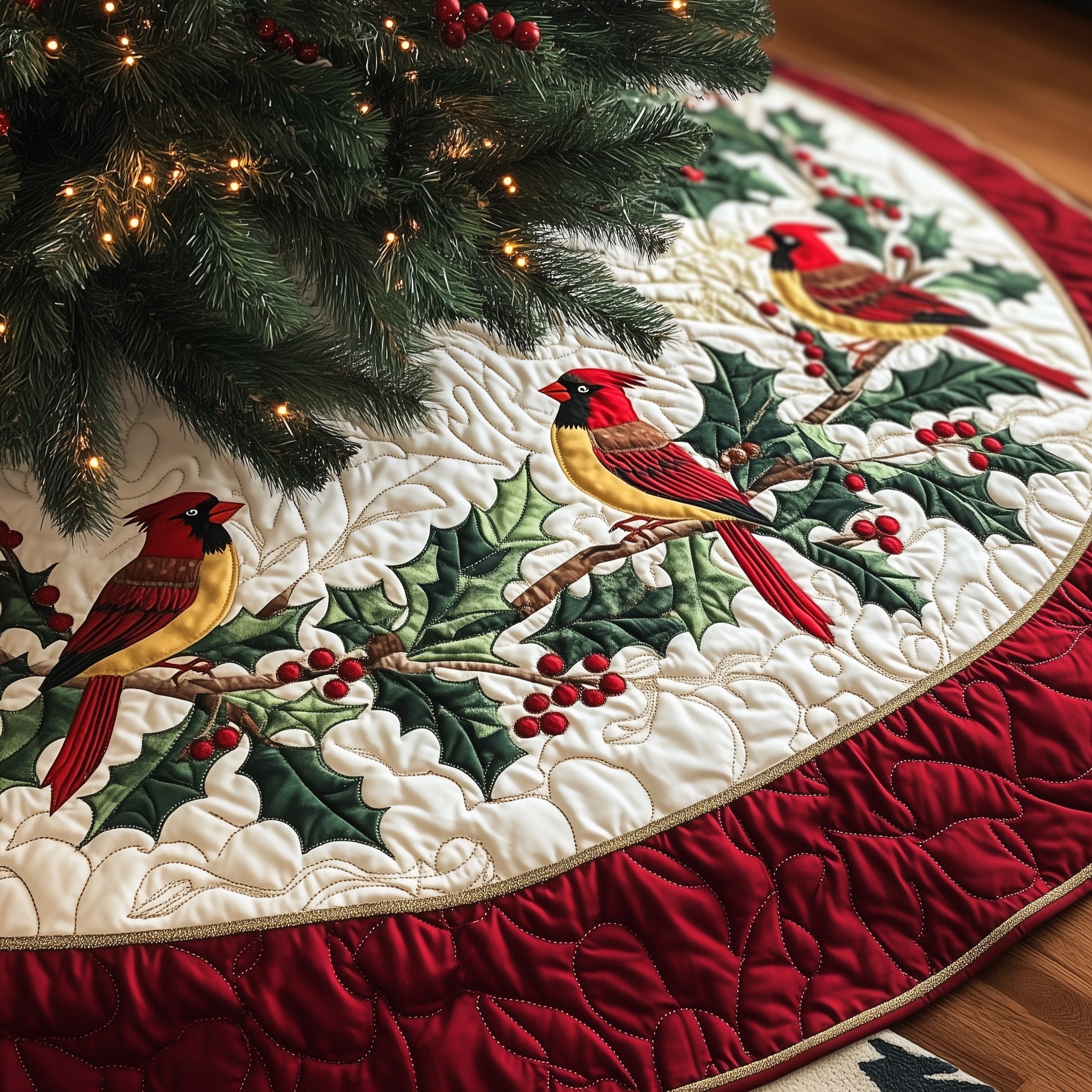Cardinal Charm Quilted Tree Skirt Thanksgiving Merch Gift