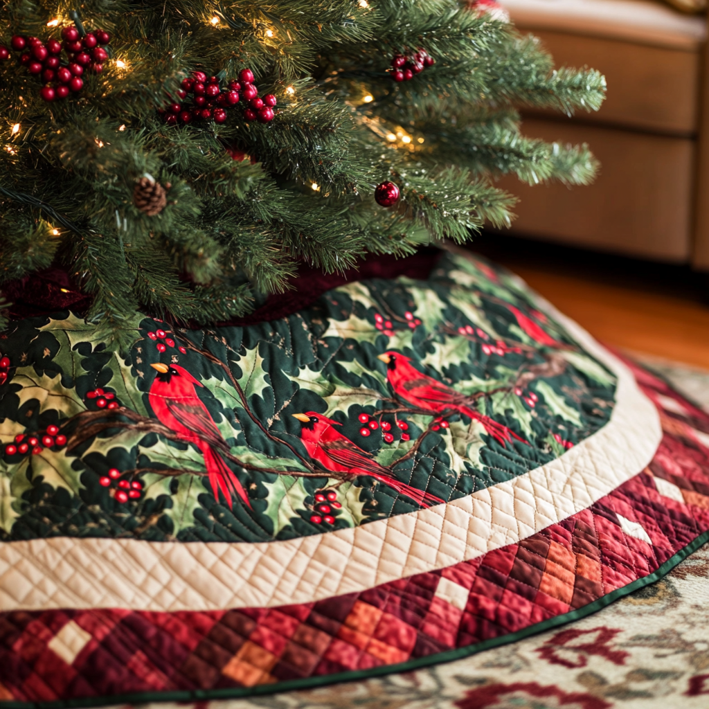 Cardinal Cheer Quilted Tree Skirt Seasonal Tree Area Decoration Xmas Under-Tree Decoration