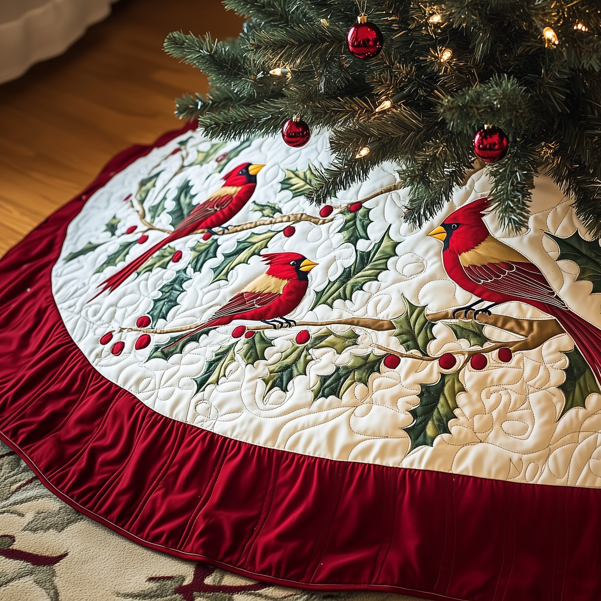Cardinal Christmas Tree Skirt Quilted Red Bird Holiday Decor Gift for Nature Lovers