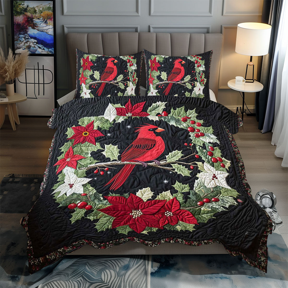 Cardinal Christmas Wreath Holiday Xmas Quilted Bedding Set Christmas Gifts For My Wife