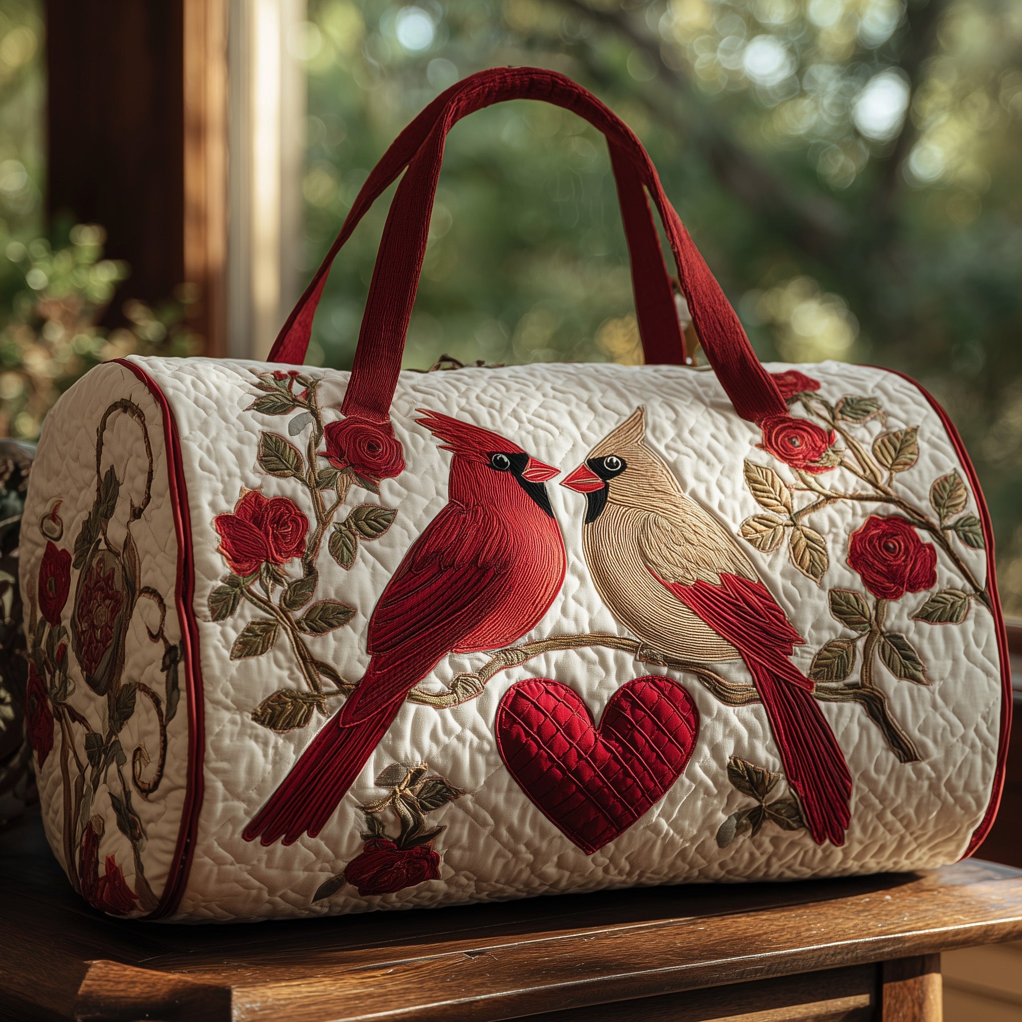 Cardinal Couple Quilt Duffle Bag For Daily Commute