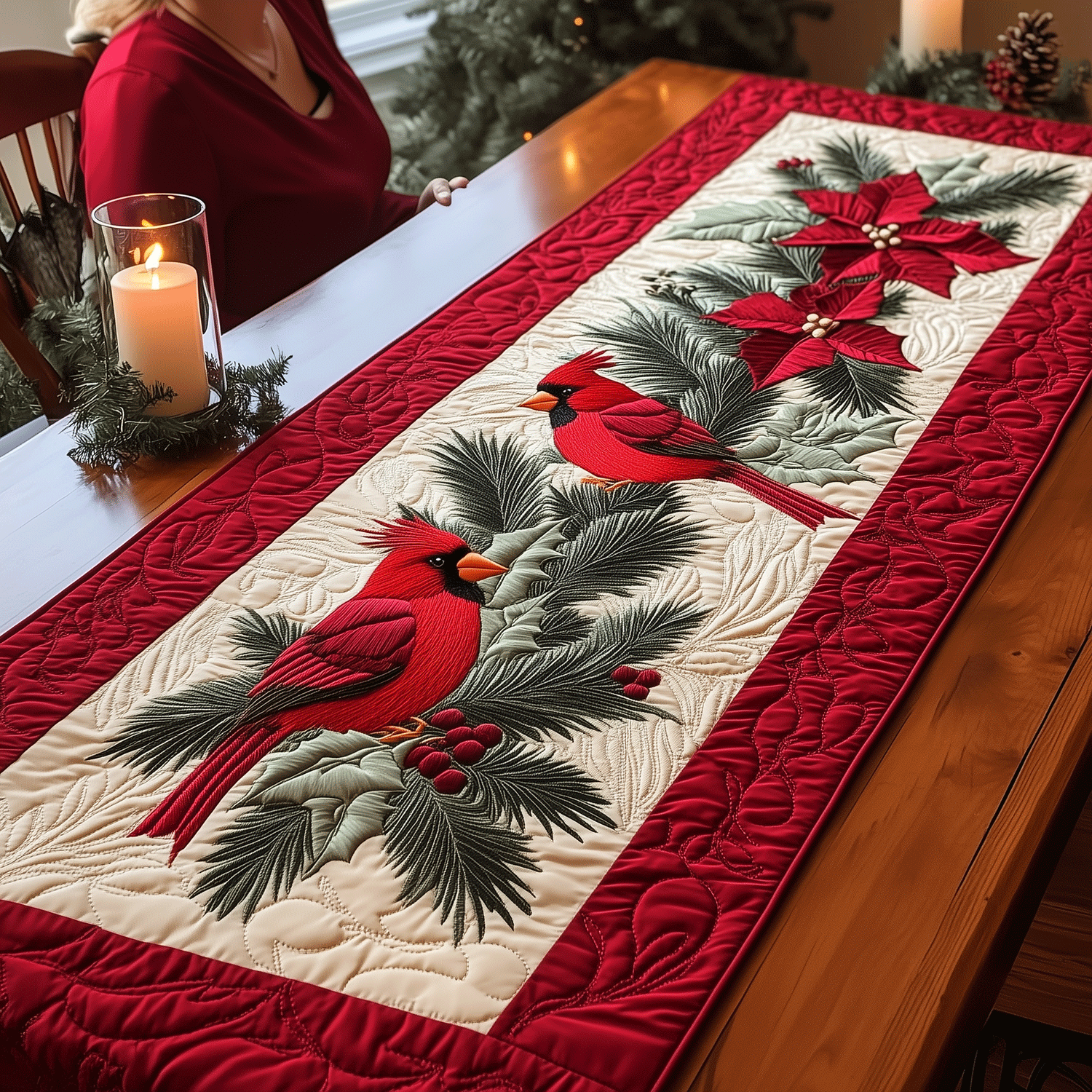 Cardinal Couple Quilted Table Runner Holiday Table Runner Good Gifts For Mom Birthday