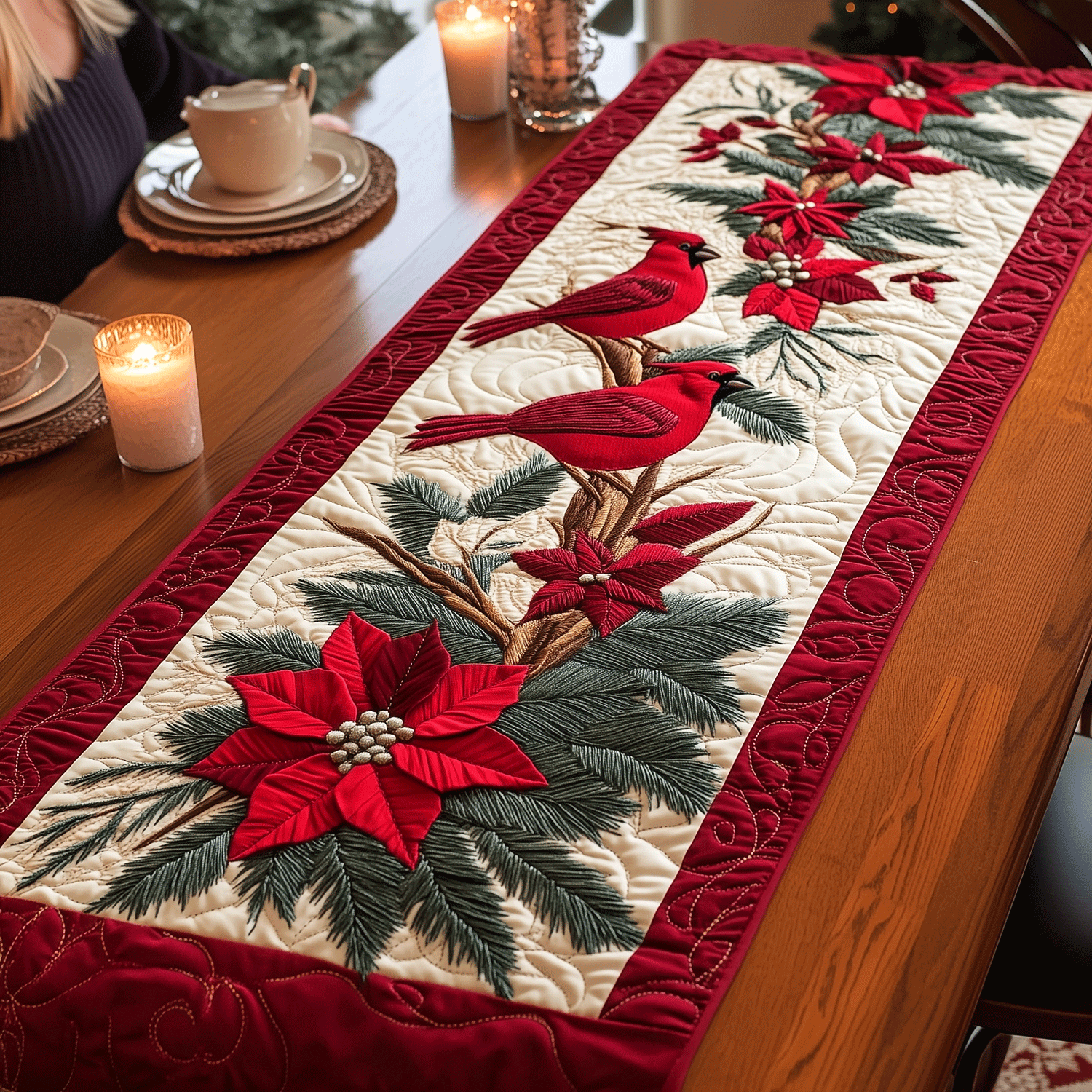 Cardinal Cuddle Quilted Table Runner Holiday Table Runner Good Gifts For Mom Birthday
